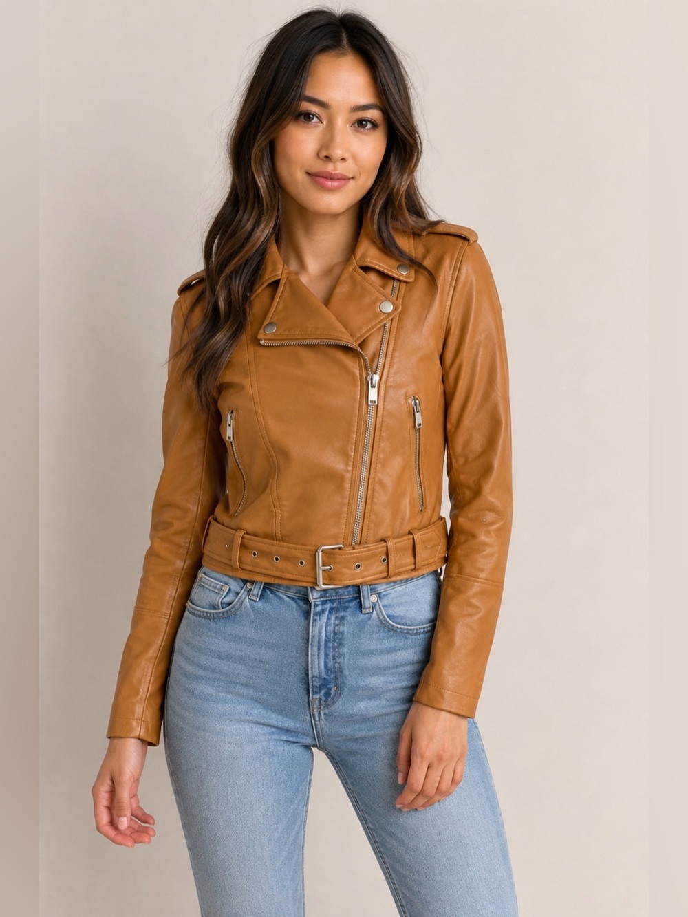 Bagatelle Collection Tan Vegan Leather Moto Jacket XS - Picture 1 of 6